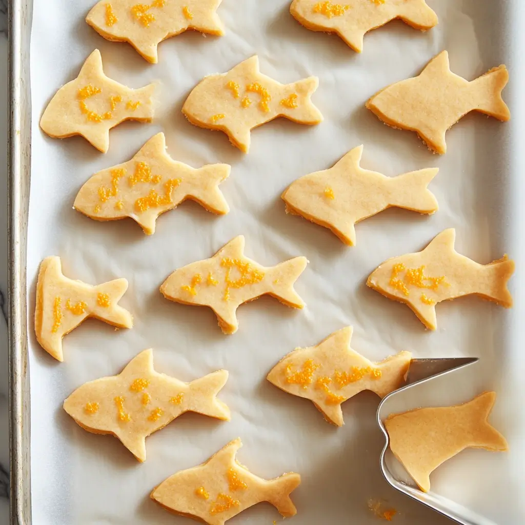 Step-by-step process of making fish-shaped orange cookies, including dough mixing, shaping, and baking preparation.