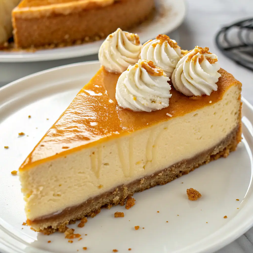 Festive Eggnog Cheesecake with whipped cream and caramel drizzle.