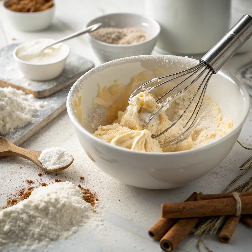 Mixing creamy butter and sugar for miso sweet potato bread batter.