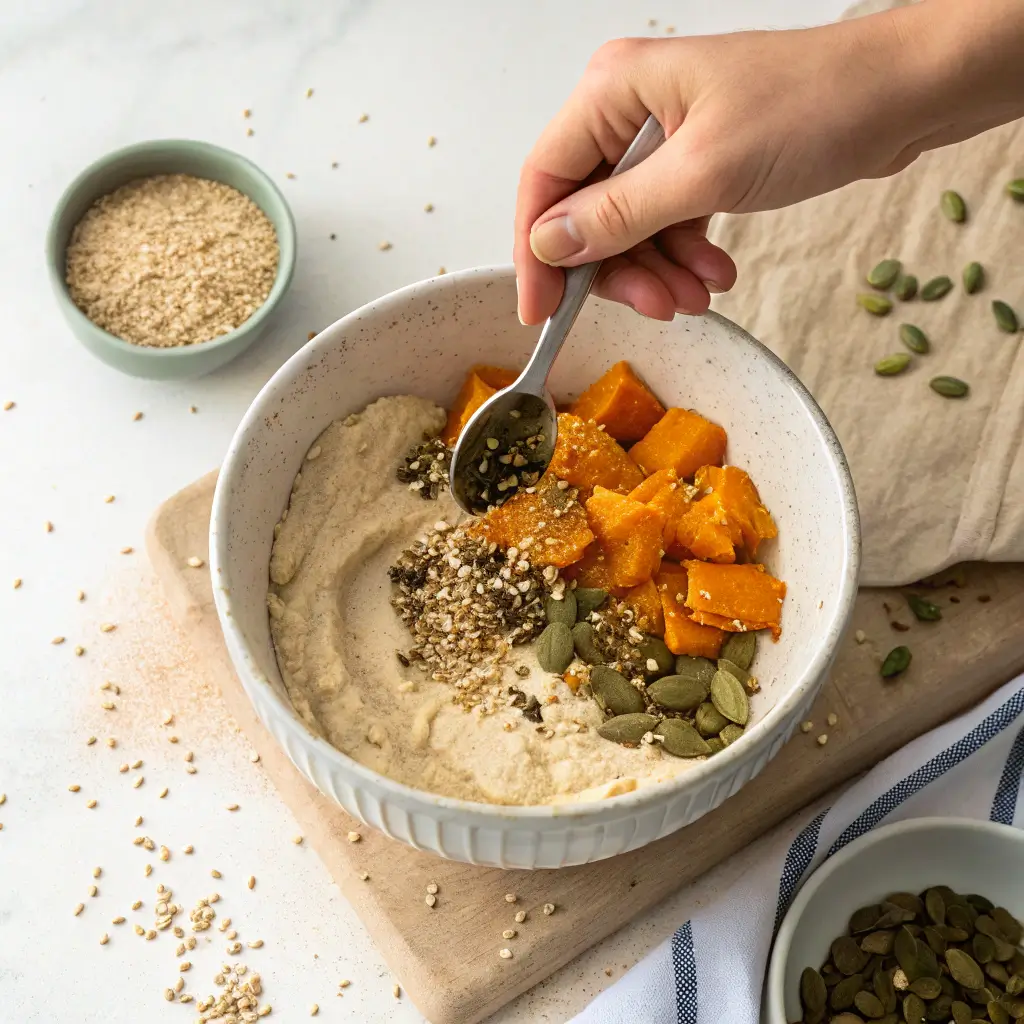 Sprinkling mixed seeds over miso sweet potato bread batter.