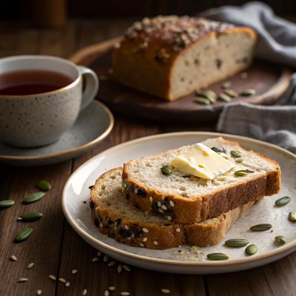 Slice of seeded miso sweet potato bread served with butter and a cup of tea.