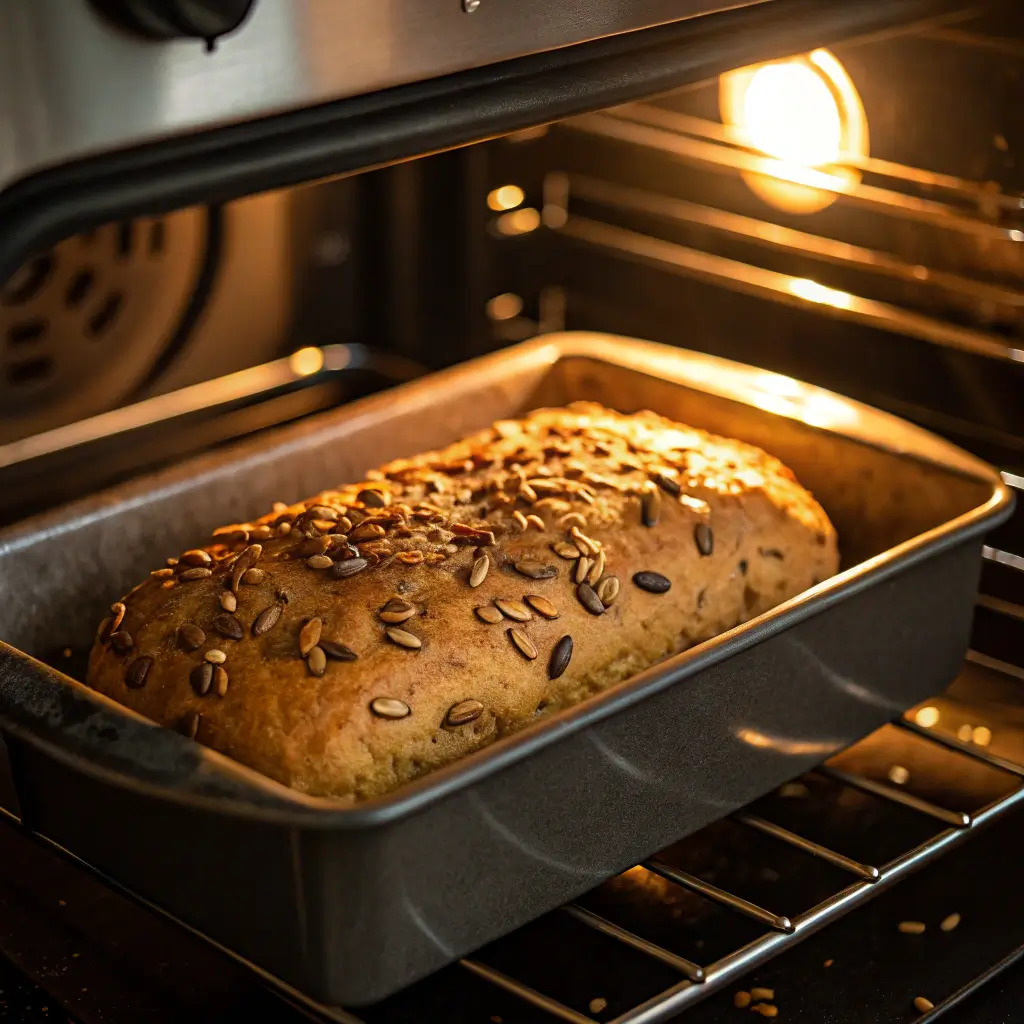 Seeded miso sweet potato bread rising in the oven with golden crust.