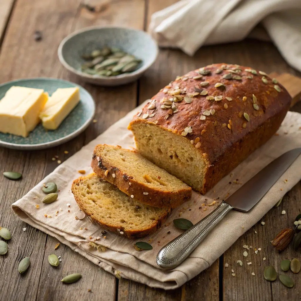 Freshly baked seeded miso sweet potato bread with golden crust and visible seeds.