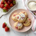 Strawberry cheesecake cookies with fresh strawberries and powdered sugar on a marble countertop.