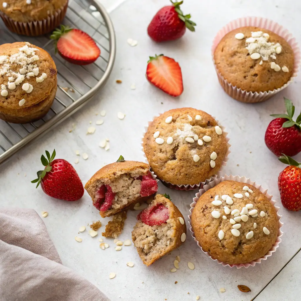 Healthy whole wheat strawberry muffins with oats, cut open to show soft, moist interior.