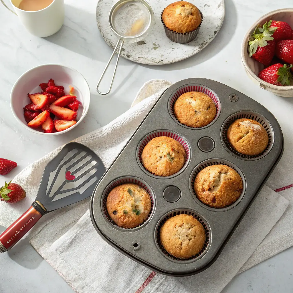 Perfectly baked strawberry muffins showing a few different baking outcomes, with a spatula nearby.