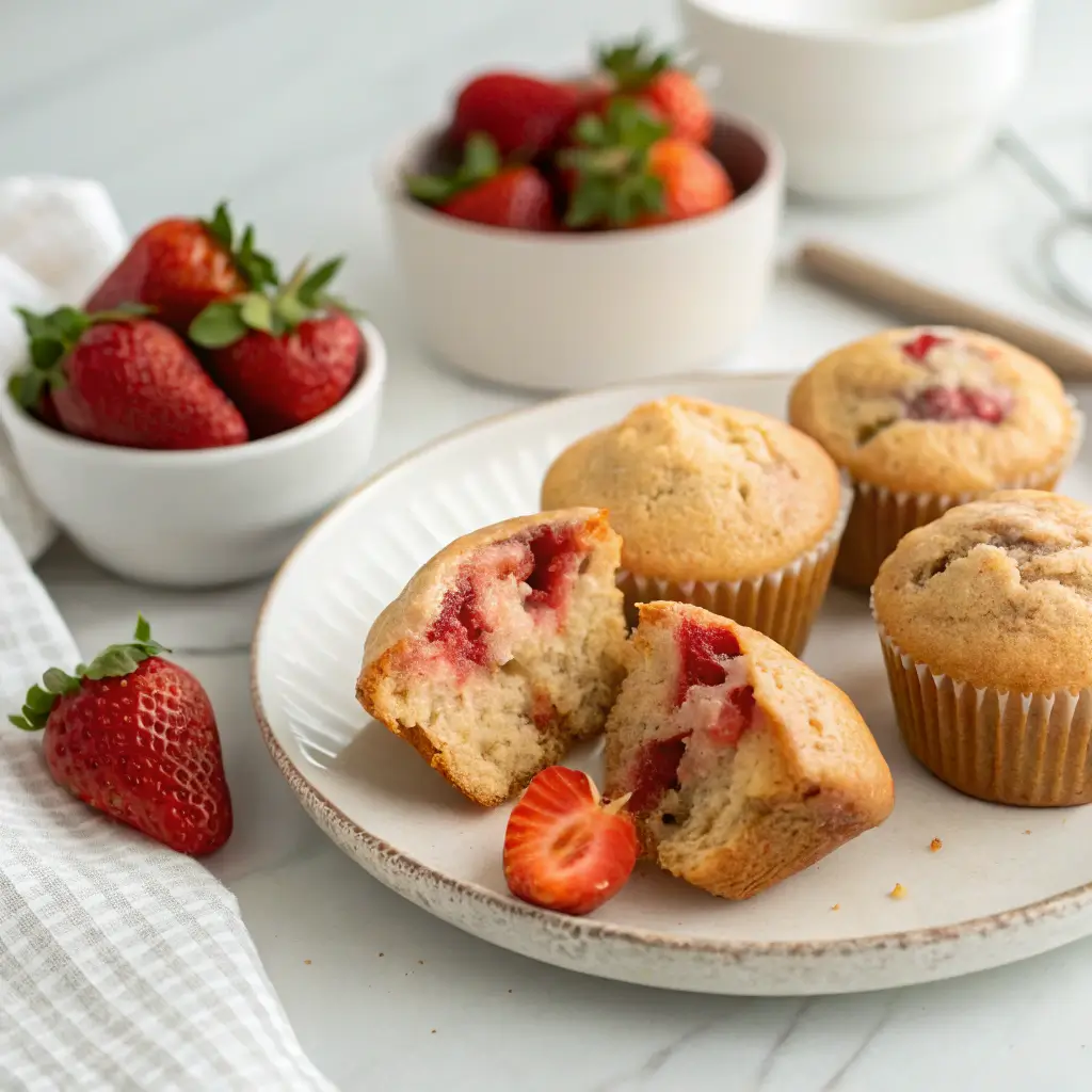 Soft and moist strawberry muffins with fresh strawberries on the side.