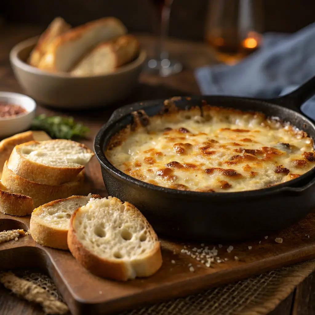 Hot French onion dip with melted cheese served in a cast-iron skillet