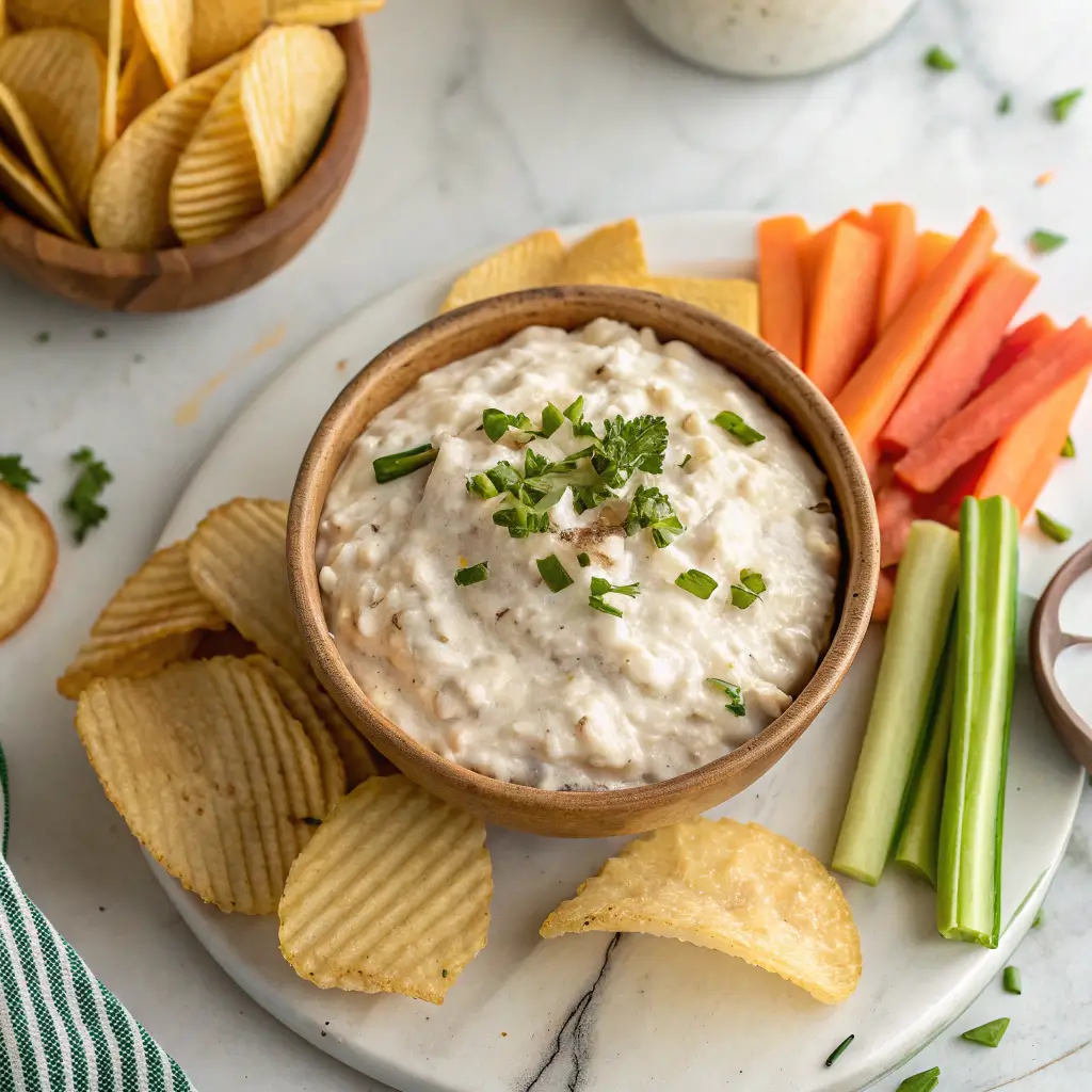 Lipton onion dip recipe served with chips and veggies for dipping