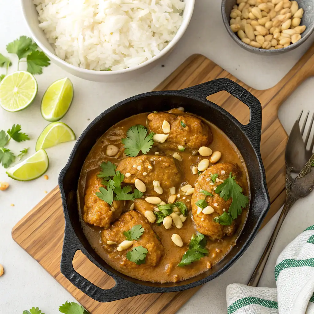 Chicken with peanut butter recipe served in a skillet with rice and garnishes.