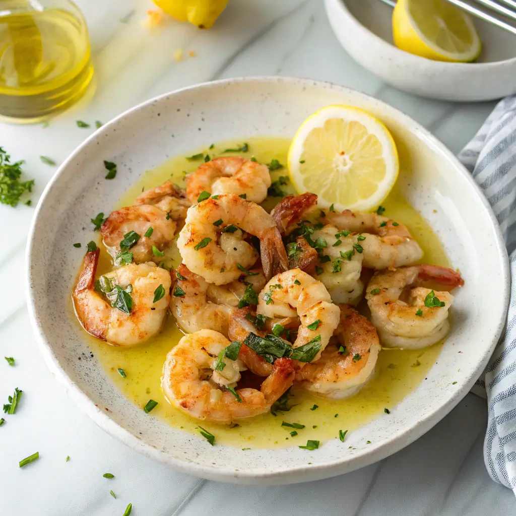 Shrimp garlic butter recipe on a white plate with parsley and lemon garnish.