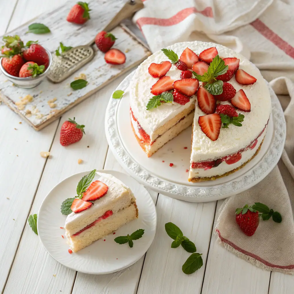 A stunning layered Strawberry Cream Cake with fresh strawberries and whipped cream, perfect for any occasion.