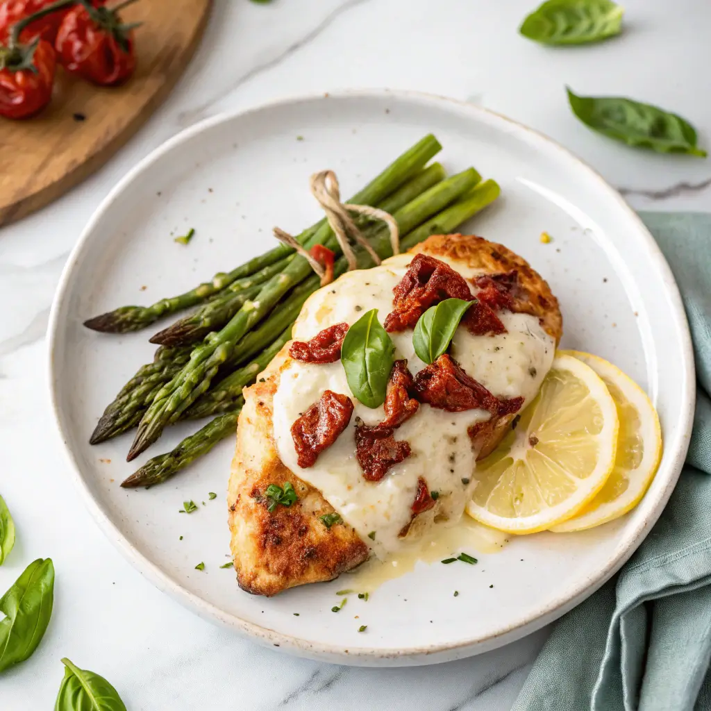 Chicken Bryan recipe featuring seared chicken breast with sun-dried tomato and goat cheese sauce, garnished with fresh basil, served with roasted asparagus.