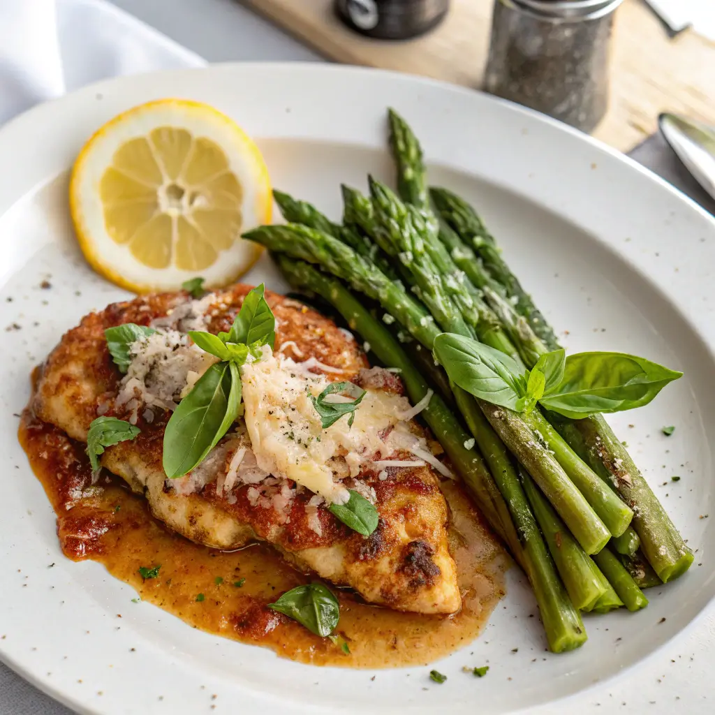 Elegantly plated Chicken Bryan with roasted asparagus, garnished with fresh basil and Parmesan cheese.