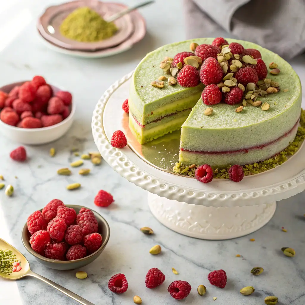 Raspberry pistachio cake with fresh raspberries and pistachios, beautifully arranged on a cake stand