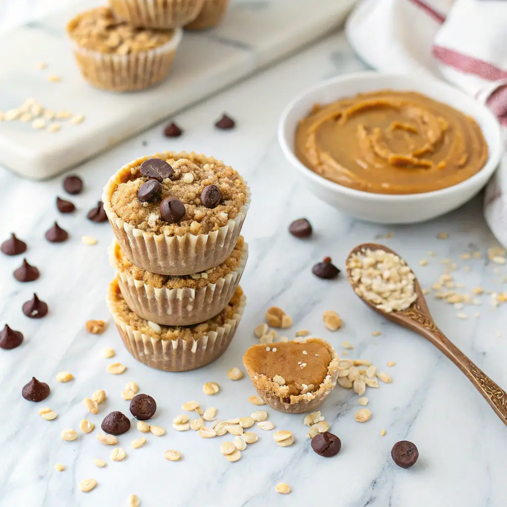 No Bake Peanut Butter Oat Cups on a marble countertop with oats and peanut butter nearby.