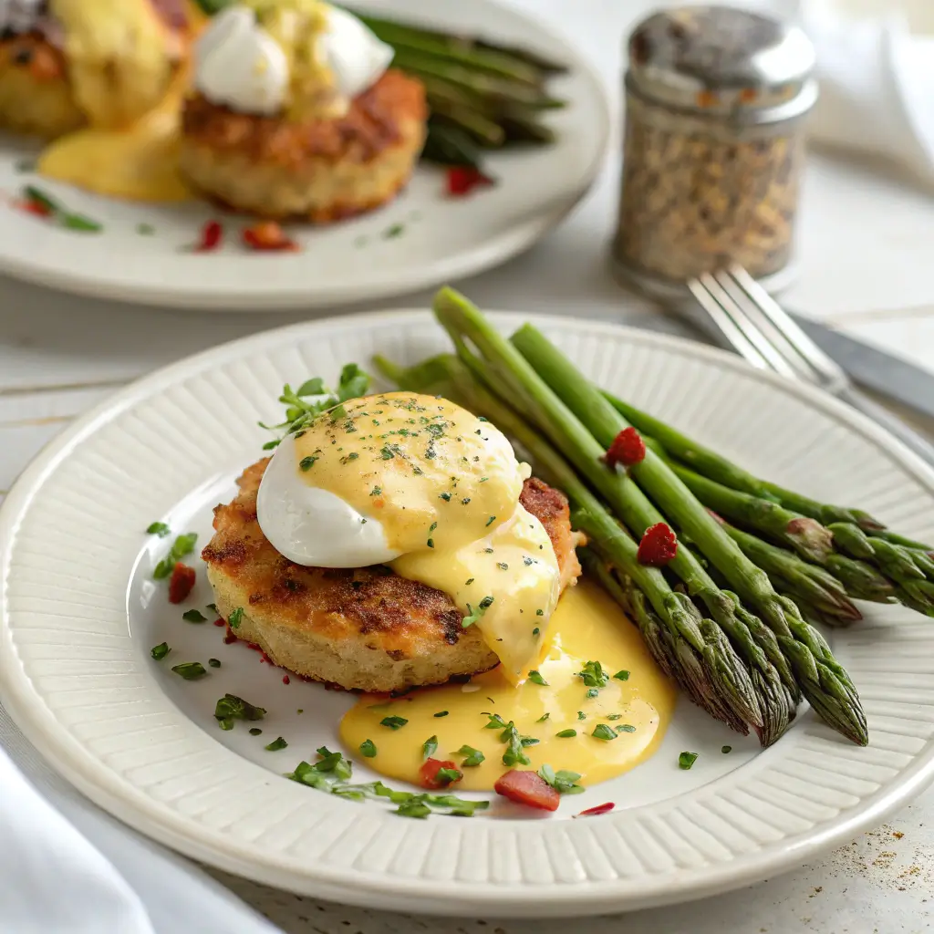 Fully assembled Crab Cake Eggs Benedict with roasted asparagus.