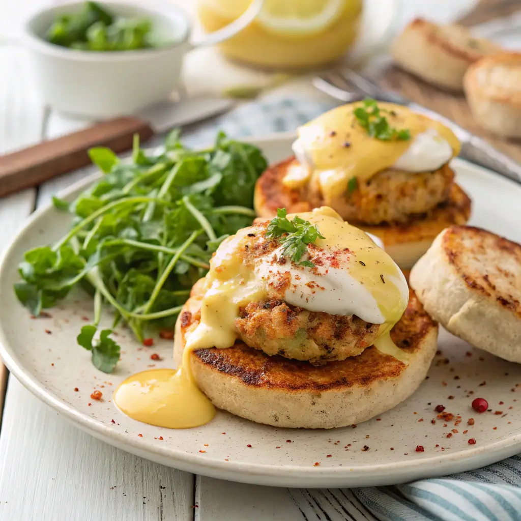 Crab Cake Eggs Benedict with golden crab cakes, poached eggs, and hollandaise sauce.