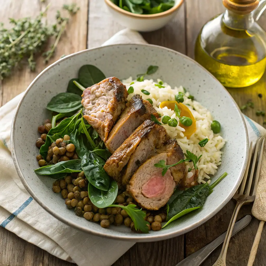 Close-up shot of a plated lamb, lentils, rice, and spinach dish, showcasing vibrant colors and textures, perfect for a wholesome meal.