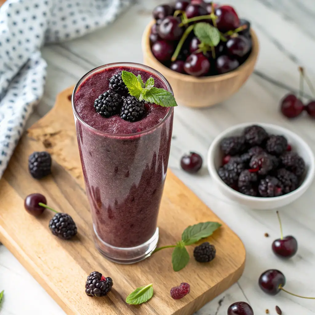 Black cherry and blackberry smoothie in a glass with fresh berries and mint garnish.