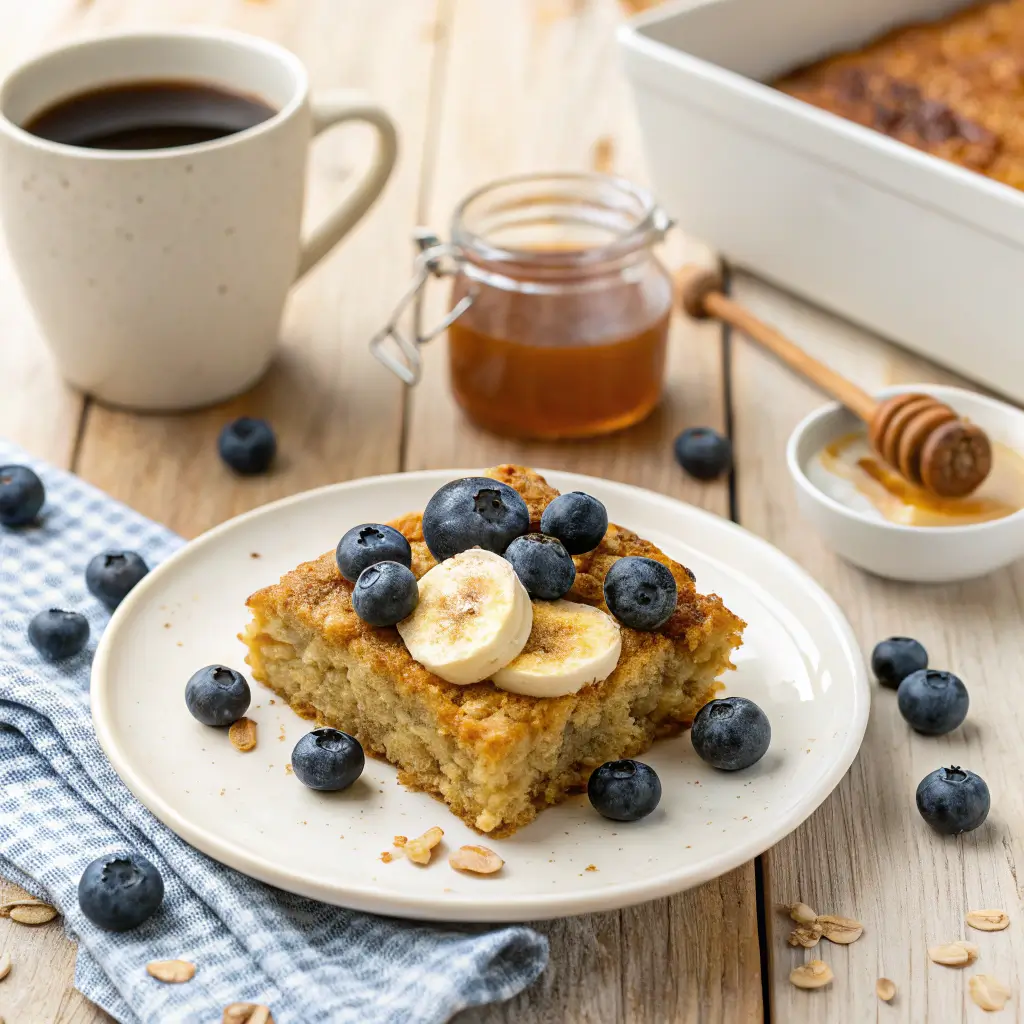 Protein baked oatmeal slice with fresh fruit and honey drizzle.