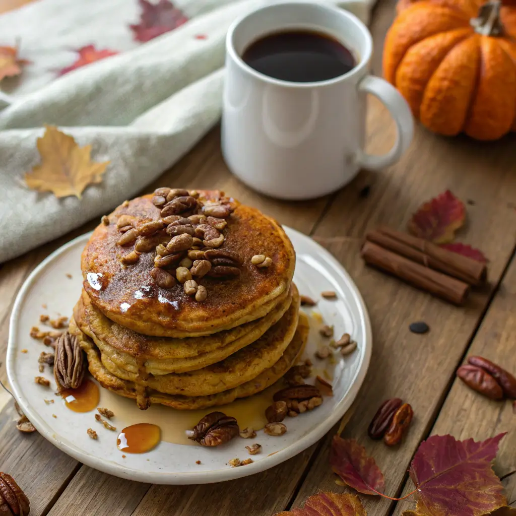 Fluffy pumpkin spice protein pancakes with maple syrup and pecans