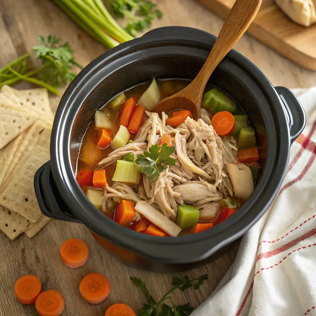 Frozen chicken crock pot recipe with shredded chicken and vegetables in a slow cooker.