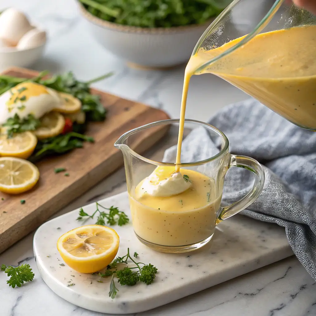 Smooth hollandaise sauce being poured from a blender.
