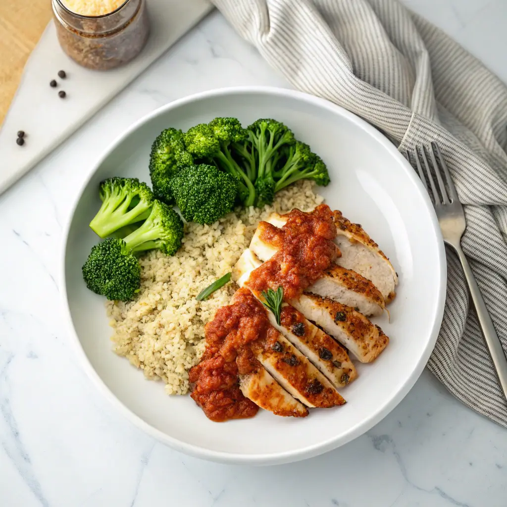 Healthier Chicken Bryan recipe with grilled chicken, light sun-dried tomato sauce, and a side of steamed broccoli and quinoa.