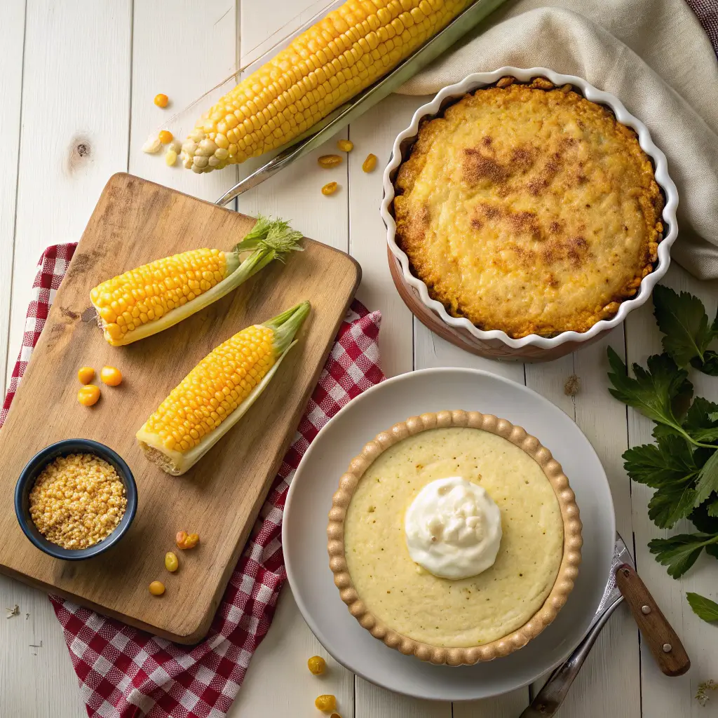 A rustic table showcasing a variety of Indiana corn recipes, including corn casserole, corn pudding, and sugar cream pie, with fresh corn on the cob.