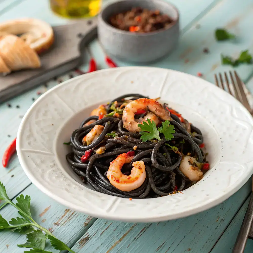 A plate of black spaghetti with shrimp and calamari, garnished with parsley and chili flakes.