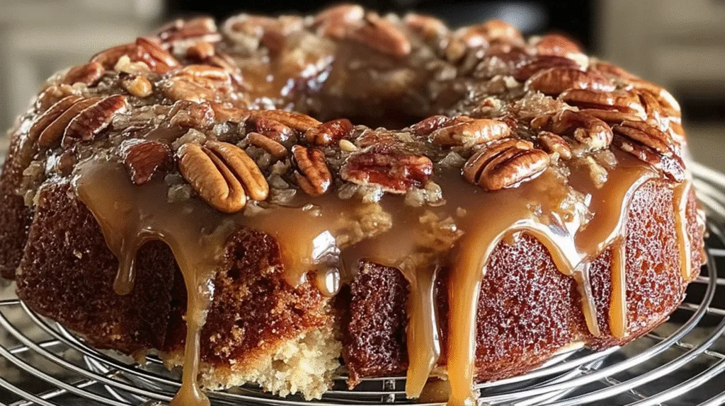 Pecan Upside Down Cake with Gooey Brown Sugar Caramel