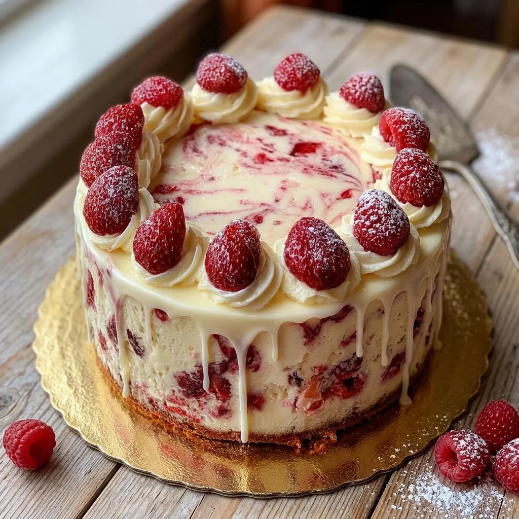 Raspberry swirl cheesecake on a gold cake board, topped with piped whipped cream and whole raspberries dusted with powdered sugar, with white glaze dripping down the sides on a rustic wooden table.