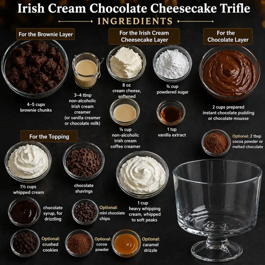 A top-down recipe ingredient layout for Irish Cream Chocolate Cheesecake Trifle displayed on a dark textured background. The image includes neatly arranged bowls of brownie chunks, cream cheese, powdered sugar, chocolate pudding, whipped cream, chocolate shavings, cocoa powder, mini chocolate chips, caramel drizzle, vanilla extract, chocolate syrup, and Irish cream coffee creamer. Ingredients are grouped into sections labeled for the brownie layer, cheesecake layer, chocolate layer, and topping, with an empty clear glass trifle bowl shown on the bottom right. The design features warm brown and cream tones with bold white text and decorative gold accents.