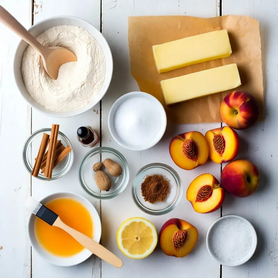 Overhead view of peach pie ingredients on a white wooden table, including flour, butter sticks, sugar, fresh peaches, cinnamon, nutmeg, lemon, vanilla, coarse sugar, and an egg wash with a pastry brush.