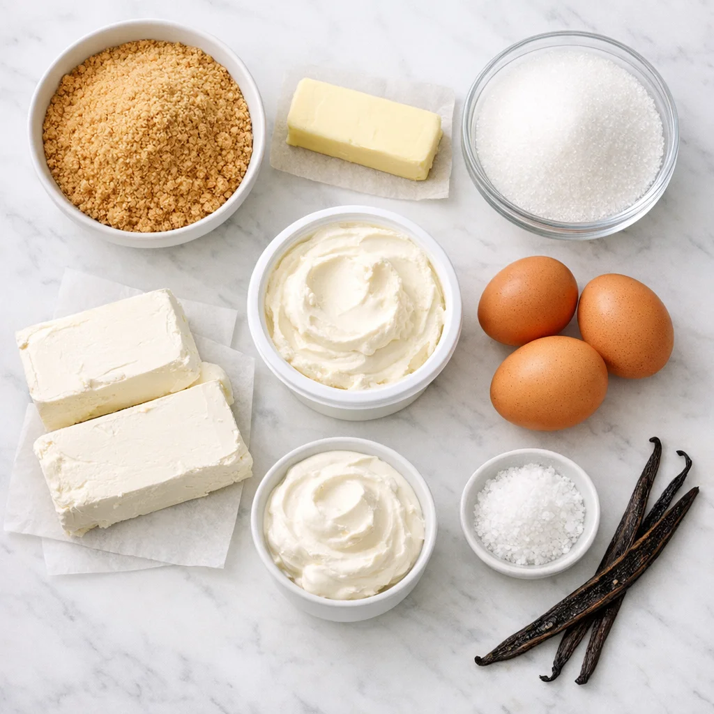 An overhead shot of ingredients for baking cheesecake, including cream cheese, sugar, eggs, and graham cracker crumbs, arranged on a marble countertop.