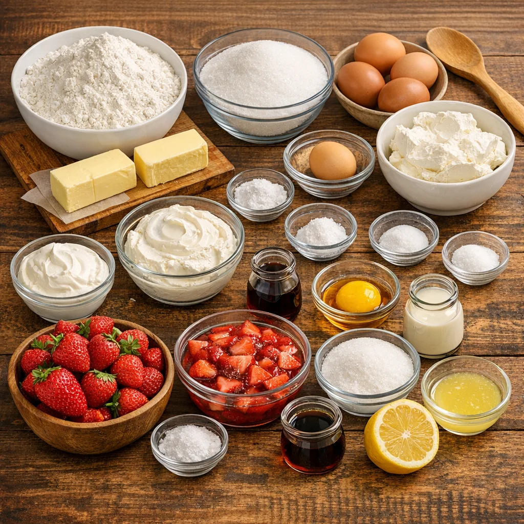 Assorted baking ingredients arranged on a wooden table, including bowls of flour and sugar, butter sticks, eggs, cream cheese and sour cream, vanilla extract, milk, lemon and lemon juice, salt and baking powder, plus fresh and chopped strawberries.