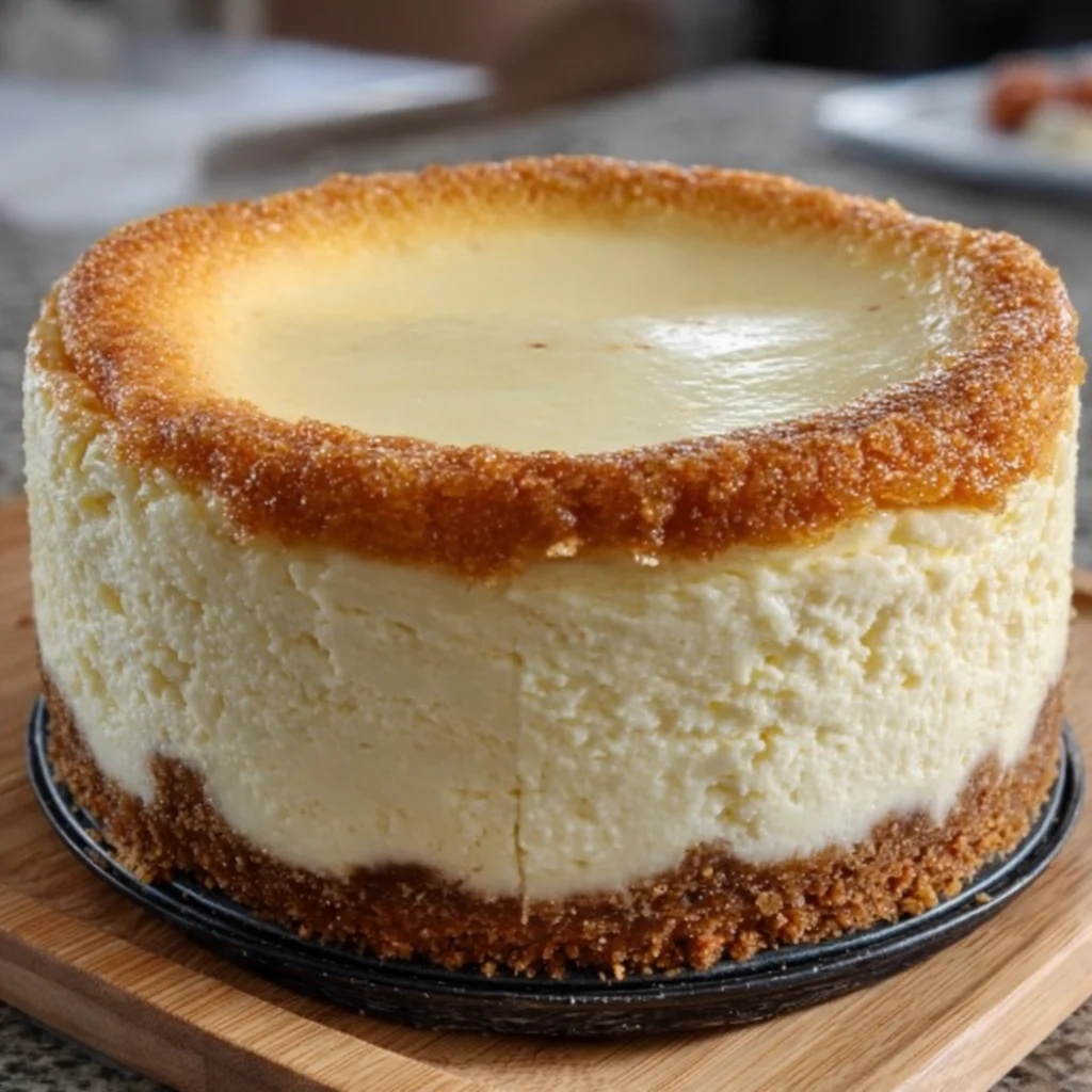 A close-up of a whole Mascarpone Vanilla Bean Cheesecake on a wooden surface. The cheesecake has a thick graham cracker crust, a creamy filling, and a golden-brown baked top edge.