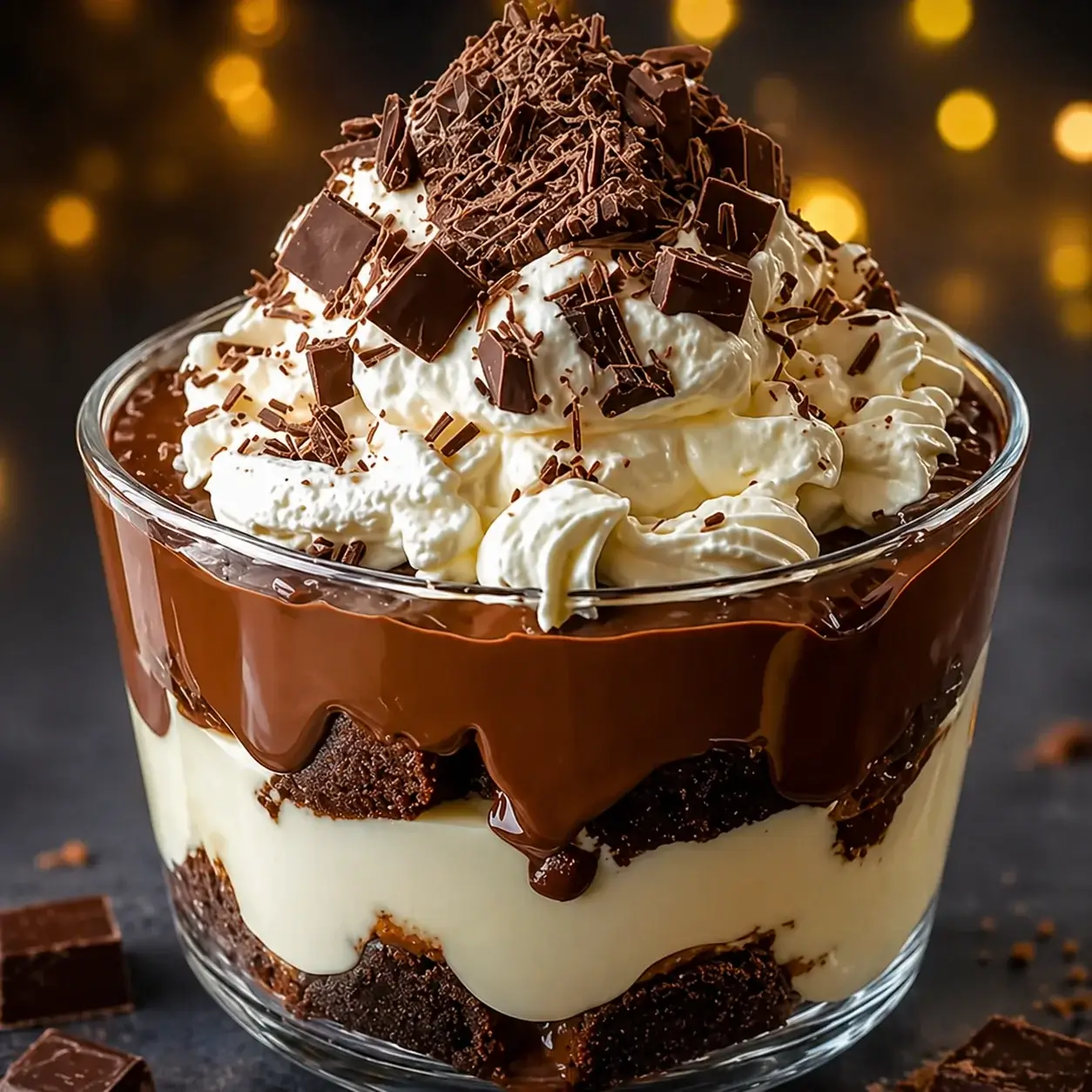 Alcohol-free Irish cream chocolate cheesecake trifle layered with brownie chunks, chocolate pudding, whipped cream, and chocolate shavings in a glass trifle bowl.