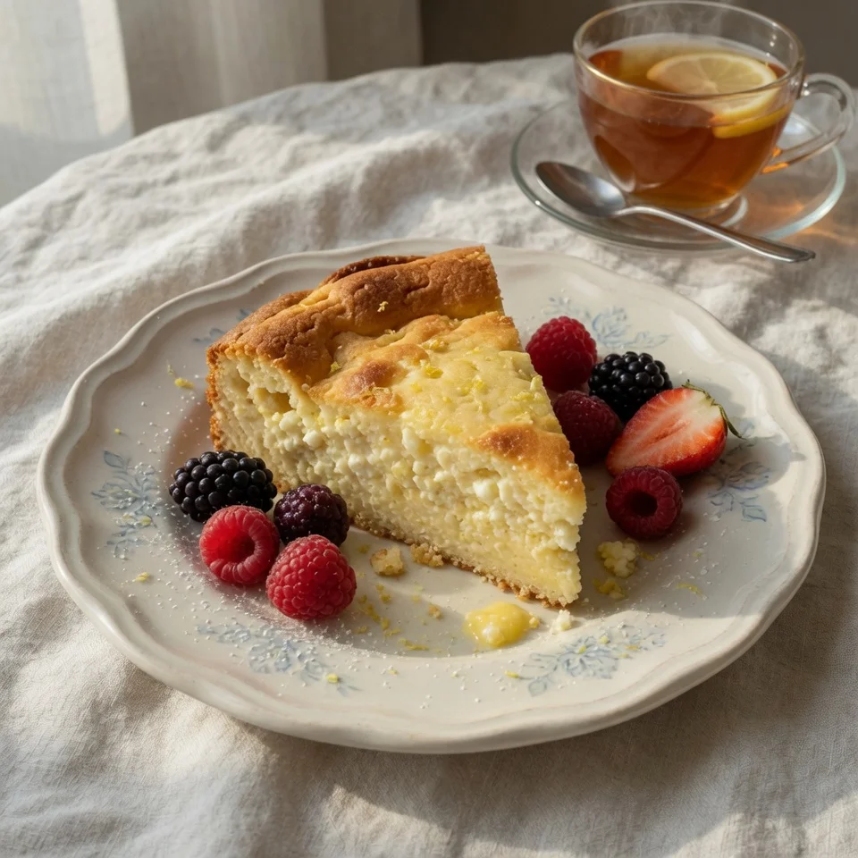 Flourless Cottage Cheese Lemon Cake slice with berries